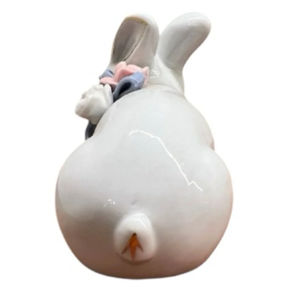 Vintage Porcelain Bunny Floral Rose Bow Cottage Core Farmhouse Mid Century White